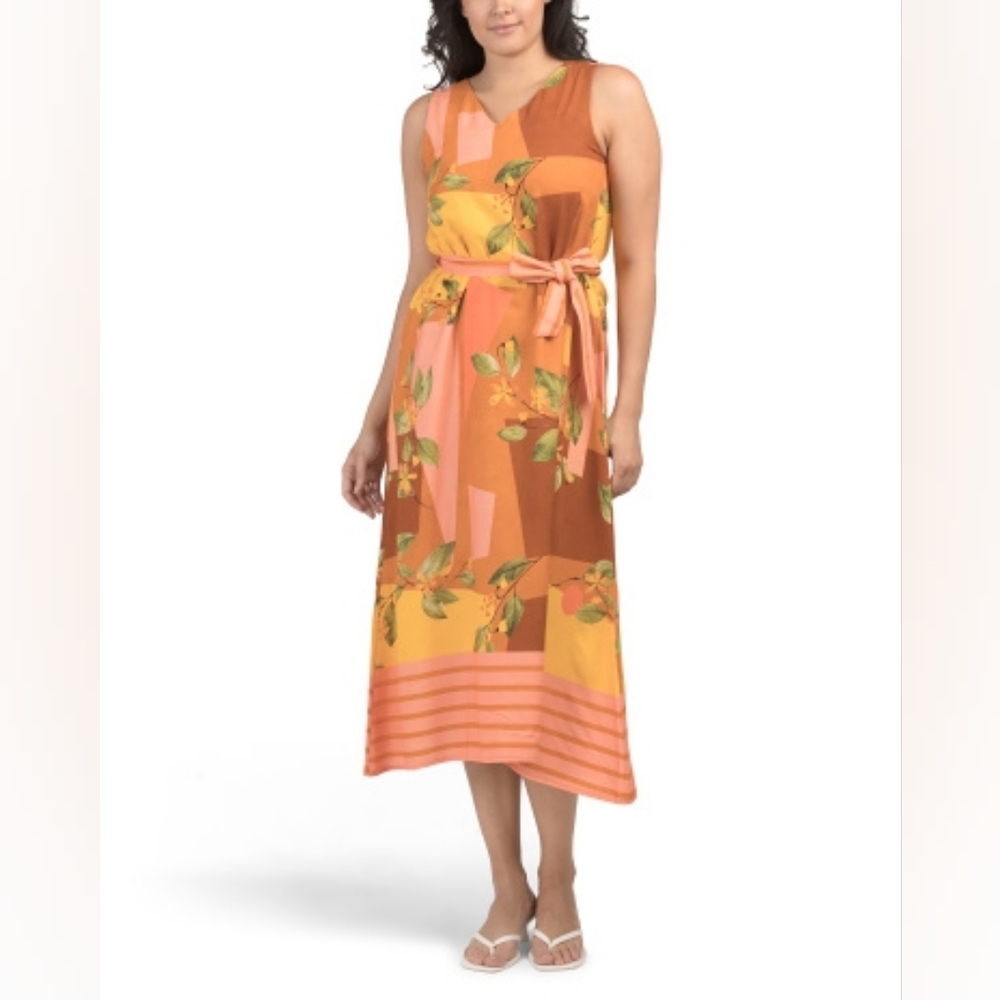 NWT - Le Ragazze Italy Linen Blend Burnt Orange Belted Sleeveless Midi Dress - L